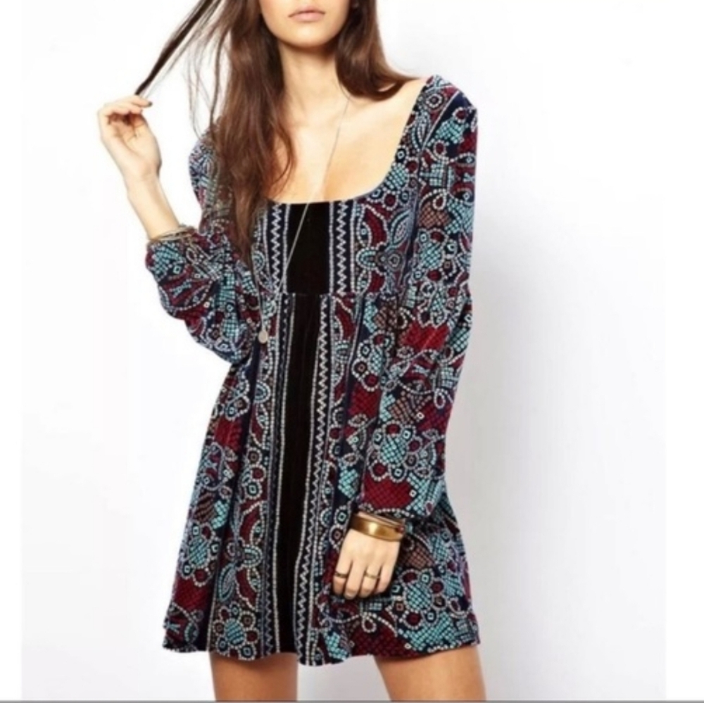 FREE PEOPLE OH SO EASY VELVET BABYDOLL DRESS IN BLUE COMBO Womens Size Small - Picture 3 of 13
